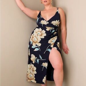 Floral Print Navy floral surplice midi Dress